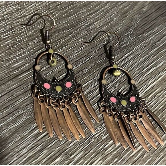 Pink Yellow Enamel and Brass Dreamcatcher Boho Drop Dangle Fashion Earrings NEW - Picture 2 of 4